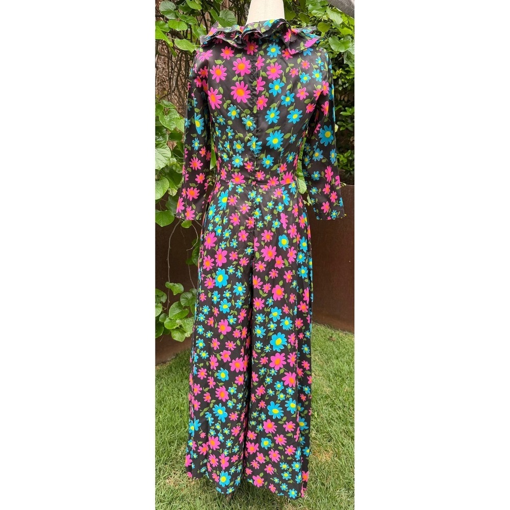 Vtg 60s McKells Dallas Black Daisy Psychedelic Wide Leg Jumpsuit Ruffle Collar S - Picture 3 of 8